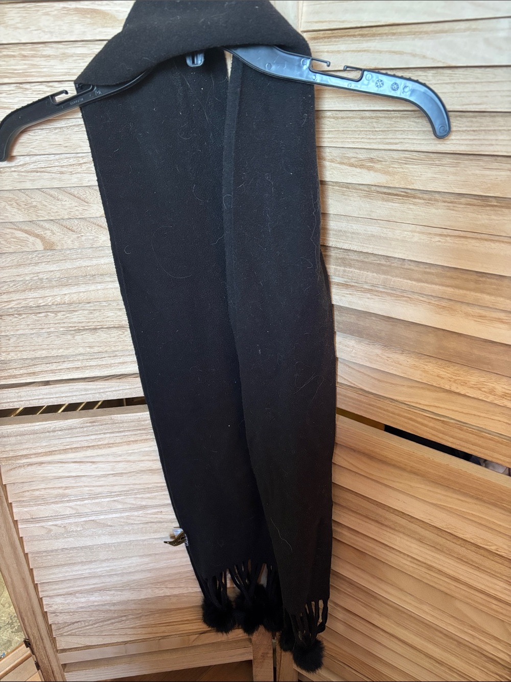 Black Fleece Fringe Scarf with Pom-Pom Trim